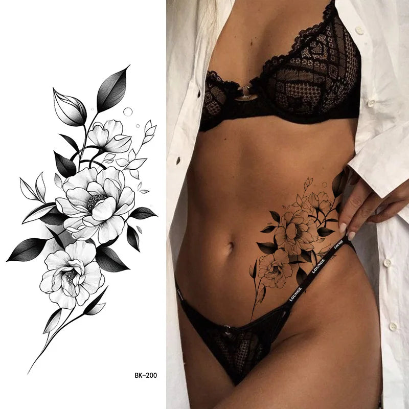 Black White Temporary Transfer Tattoos Floral Butterfly Lettering Line Art Waterproof Body Stickers for Music Festival Party