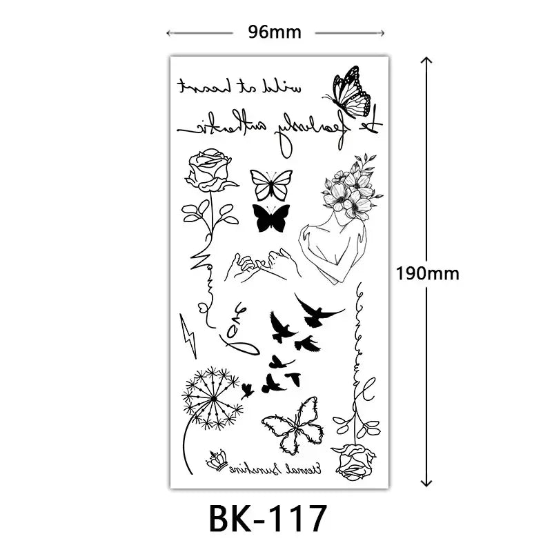 Rose Blossom Tattoo Temporary Waterproof Butterfly Fake Tattoo for Woman Black Flower Sketch Tattoo Sticker