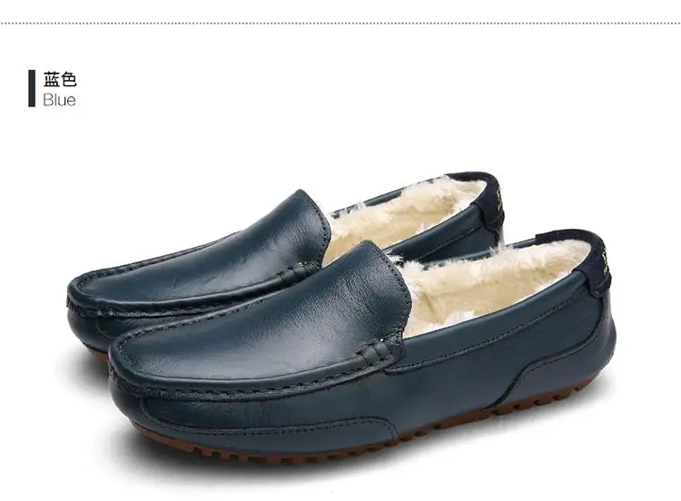 Winter Fur Loafers Men Casual Shoes Cotton Leather Dress Shoes Slip-on Flats Plush Man Moccasins Fleece Lined Driving Shoes