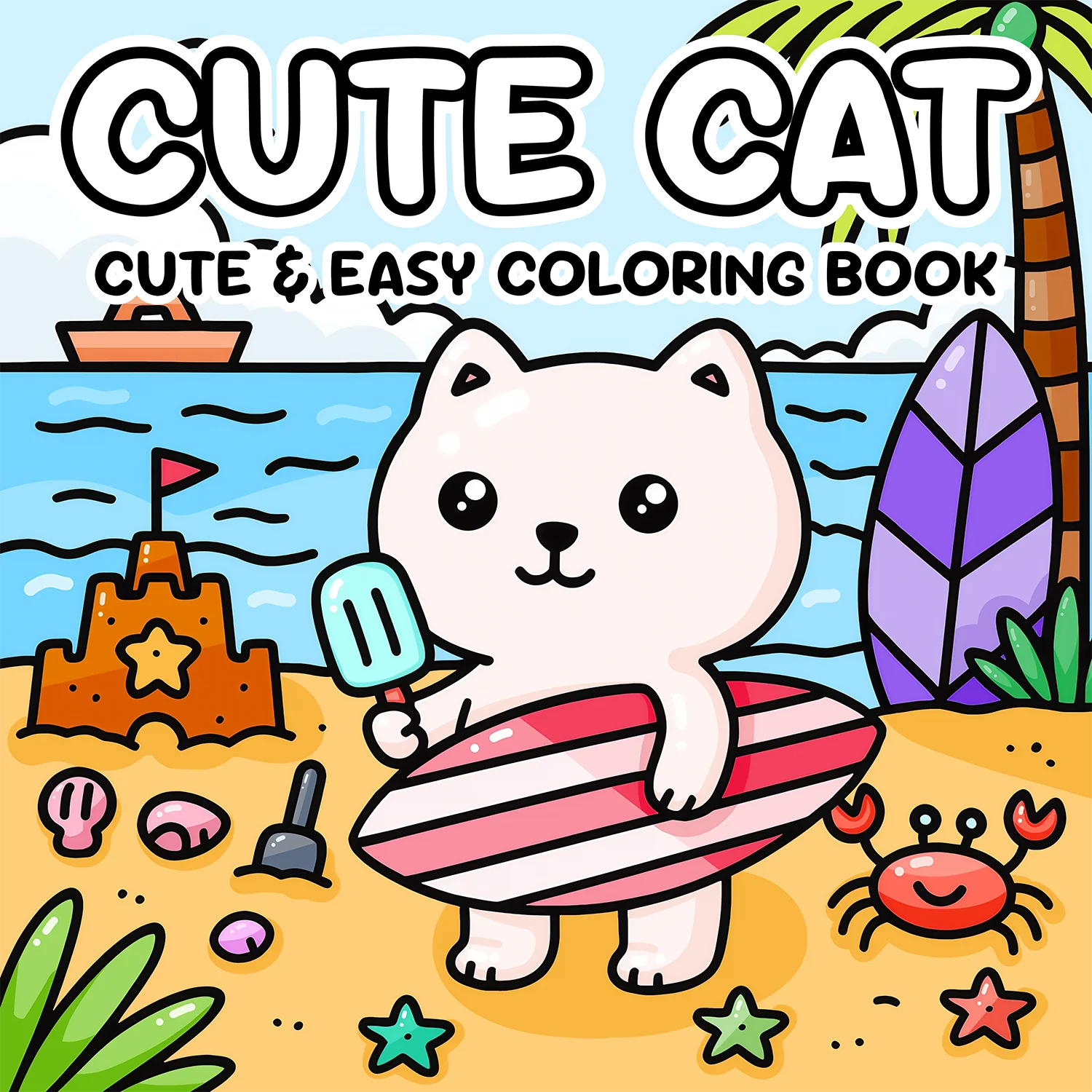 CUTE CAT Coloring Book for Adults Cute & Easy Patterns Cartoon Drawing Book Perfect Kids Creative Gift for Party and Birthday - Sun Studio