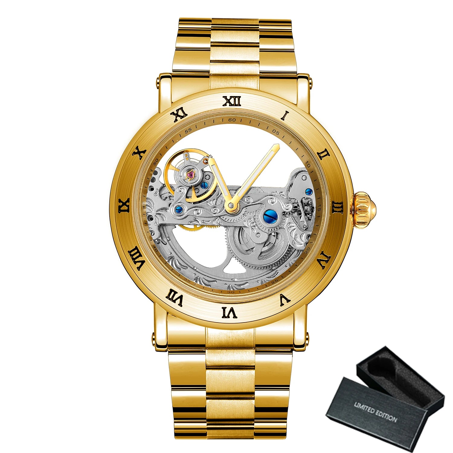 Forsining Silver Skeleton Automatic Watch Men Luminous Hands Business Retro Golden Bridge Mechanical Watches Steel Leather Strap - Sun Studio