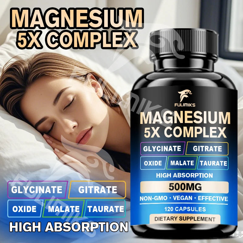 Magnesium Pills Supplement - 5 in 1 Complex, Glycinate, Citrate, Malate, Taurate, Oxide - Stress, Muscle & Heart Support - Sun Studio