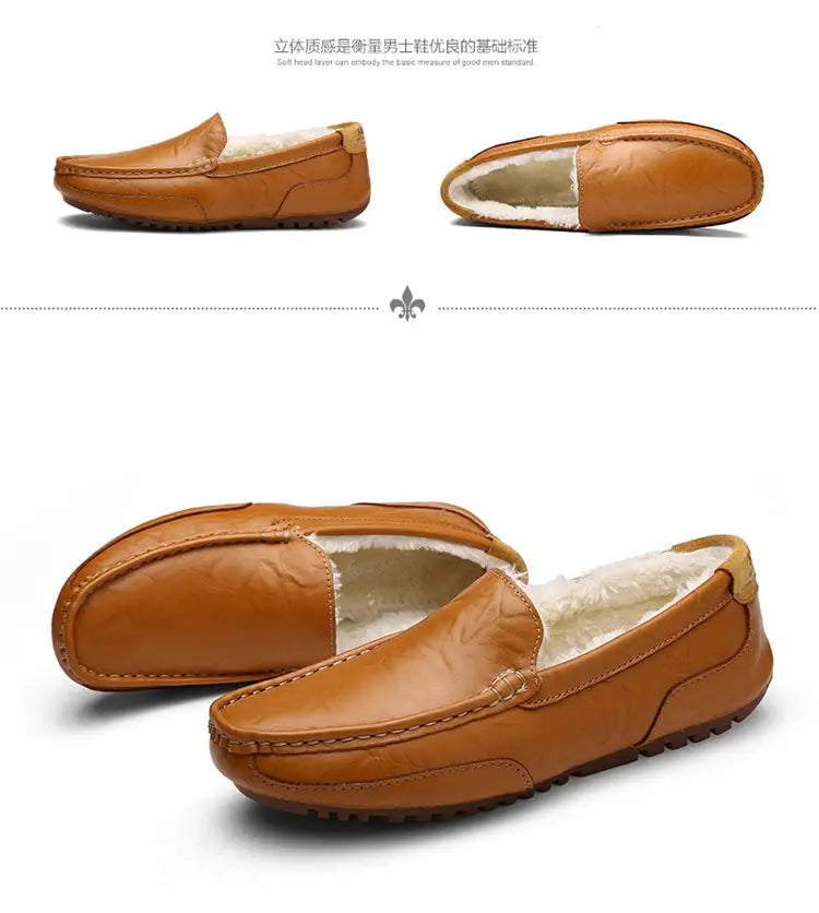 Winter Fur Loafers Men Casual Shoes Cotton Leather Dress Shoes Slip-on Flats Plush Man Moccasins Fleece Lined Driving Shoes