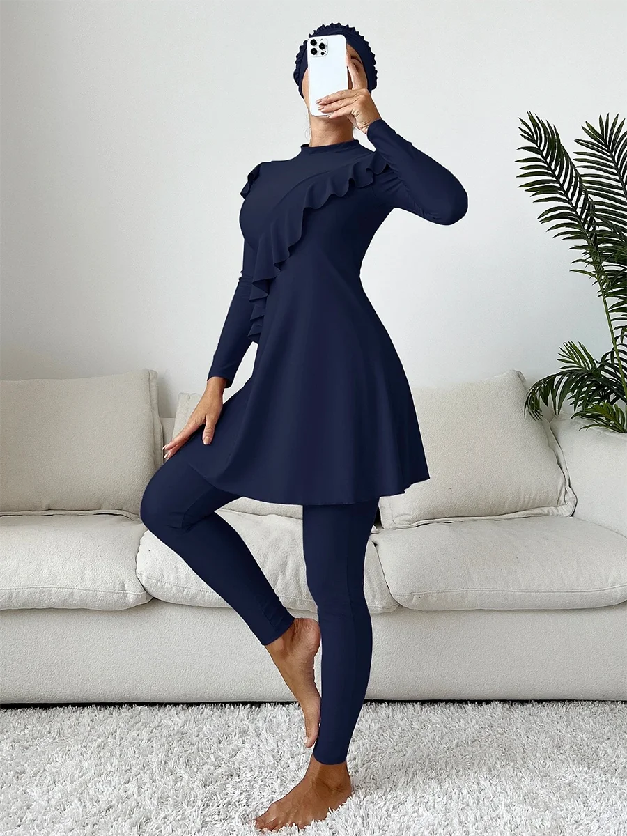 3PCS/Set Muslim Burkini Femmes Swimwear Long Islamic Swimwear Modest Swimsuit Women Swimsuit Ruffle Edge Design - Sun Studio