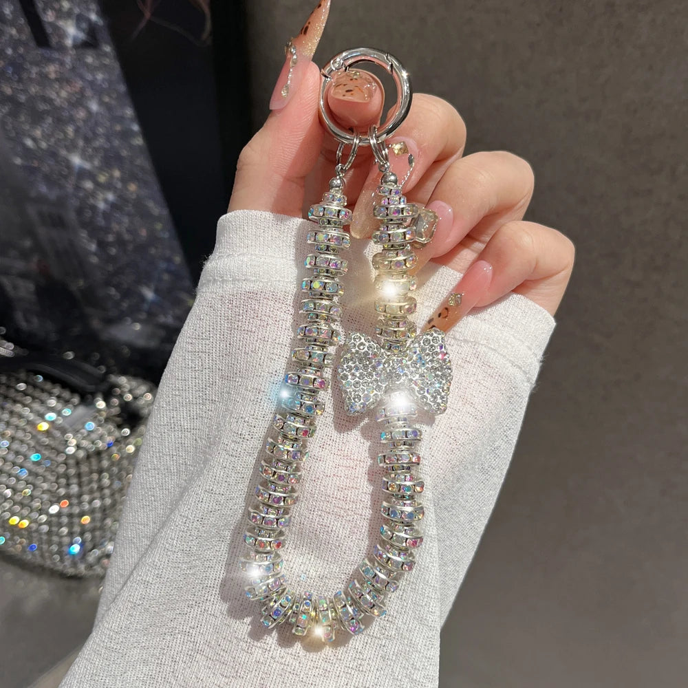 Rhinestone Bow phone wrist strap Luxury Crystal Bead Key Chains Charm Lanyard for Iphone cell phone strap glitter Jewelry Gift - Sun Studio