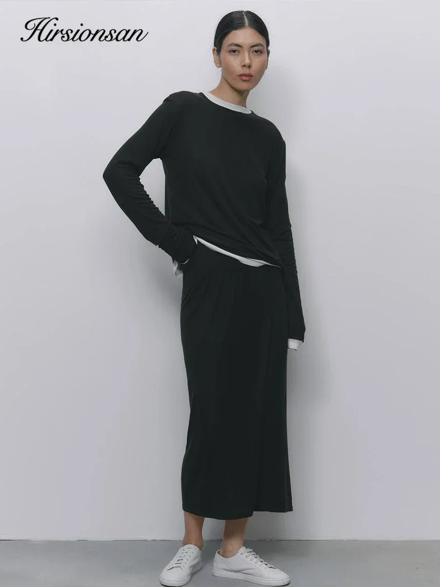 Hirsionsan Modal Soft Loose Sets Women 2026 Casual Two Pieces Long Sleeve T Shirts and High Waist Dresses Outfits Tracksuit - Sun Studio