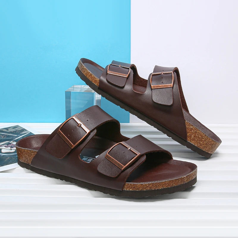 Summer Men Cork Slippers Slides Clogs Casual Slip On Sandals Double Buckle Women Microfiber Leather Unisex Big Size 47 48 49 - Sun Studio