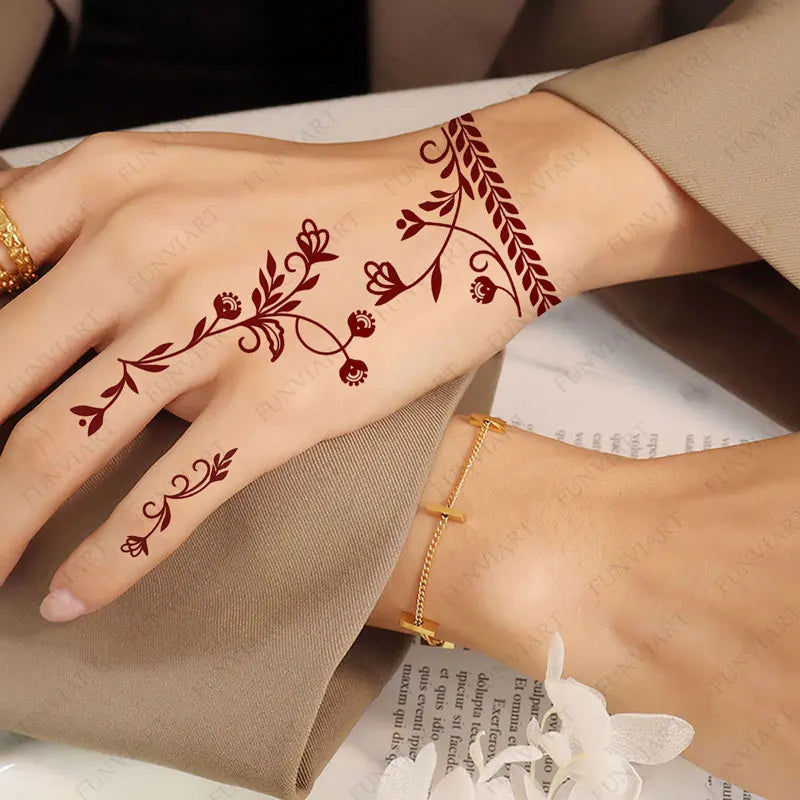 Waterproof Flower Hand Tattoo for Women Maroon Henna Tattoo Stickers for Hand Fingers Body Art Disposable Fake Tattoo Festival - Sun Studio