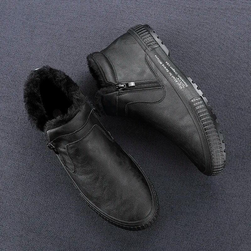 Man Winter Warm Leather Boots Warm Plush Inside High Tops Casual Shoes Slip on Keep Warm Thick Fur Men's Platform Ankle Boots - Sun Studio