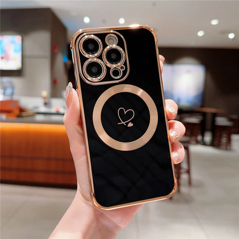 For iPhone 15 Pro Max Luxury Magsafe Magnetic Cute Plating Frame Phone Case For iPhone 11 12 13 14 15 16 Plus 17 Air Back Cover - Sun Studio