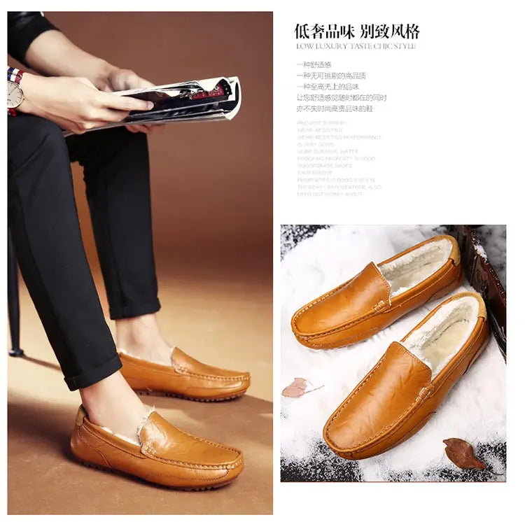 Winter Fur Loafers Men Casual Shoes Cotton Leather Dress Shoes Slip-on Flats Plush Man Moccasins Fleece Lined Driving Shoes - Sun Studio