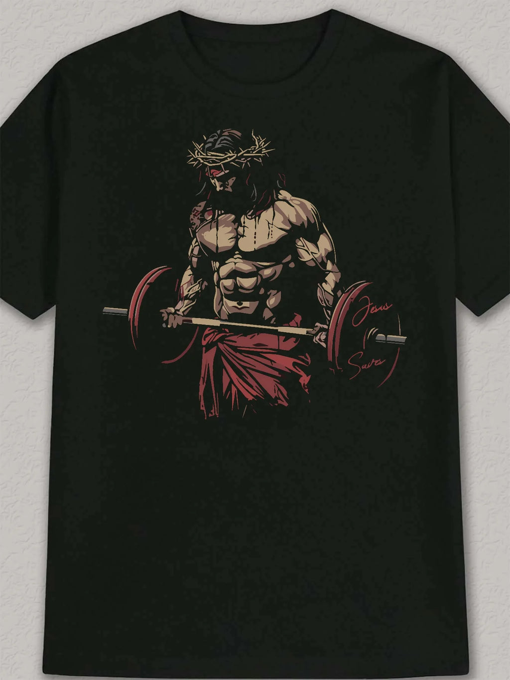 Black Fitness Coach Jesus Christ Weightlifting Art Print Regular Style Fitness & Daily Wear, Fitness Shirt, Artistic Sportswear - Sun Studio