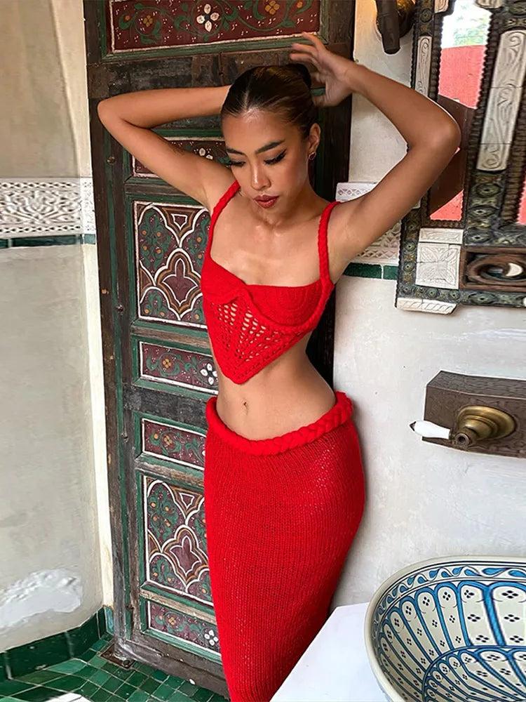 Halter Knitted Vest Bikini Top Split Fishtail Skirt Set Crochet Hollow Out Beach Swimsuit Sexy Backless Suspender Long Skirts - Sun Studio