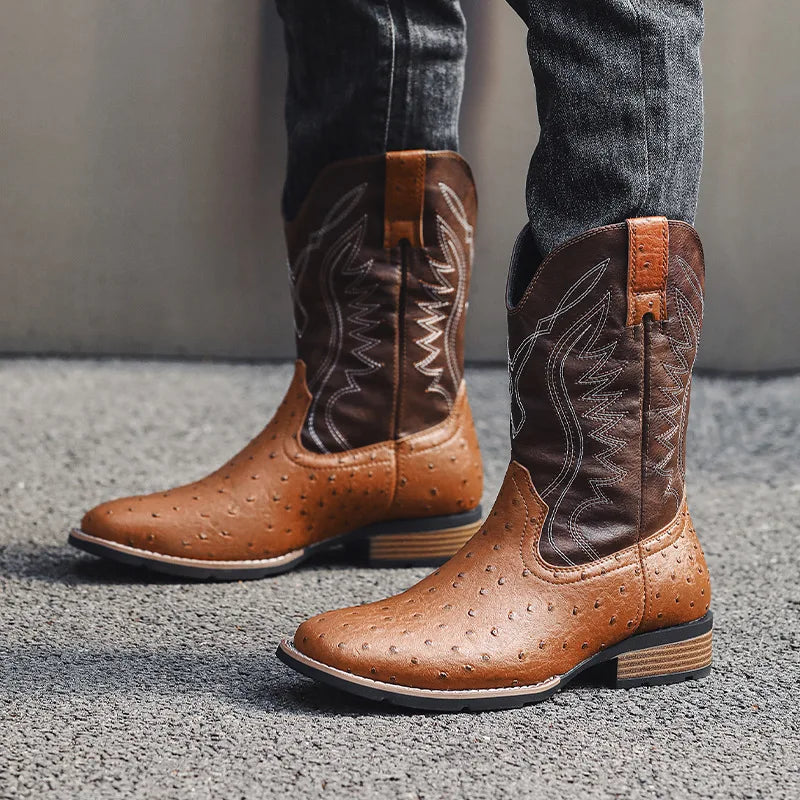 Men's Classic Retro Western Cowboy Boots Embossed Leather Mens Fashion Embroidery Mid-Calf Boot High top Casual Shoes for Men - Sun Studio