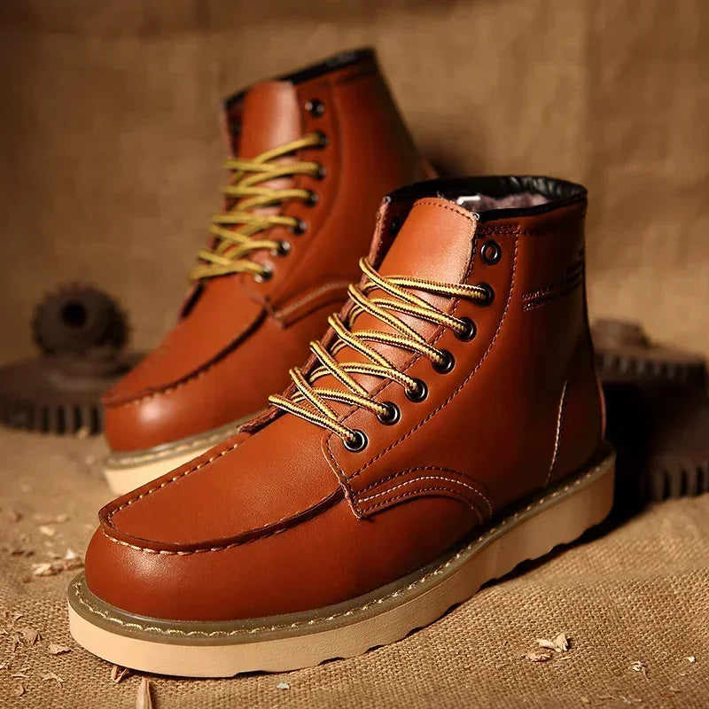 Winter Leather Men Boots Warm Mens Snow Boots with Fur Waterproof Handmade Male Ankle Boots No-slip High Top Male Work Shoes - Sun Studio