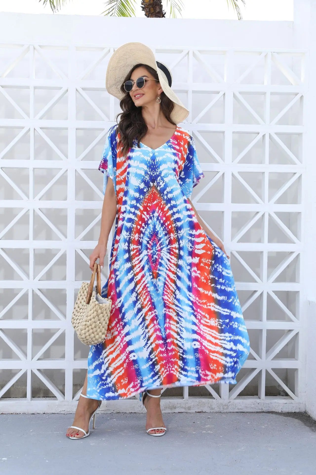 Kaftan Dresses for Women Plus Size Tie Dye Batwing Sleeve Caftans Swimsuit Coverup Maxi Dress Loungewear - Sun Studio