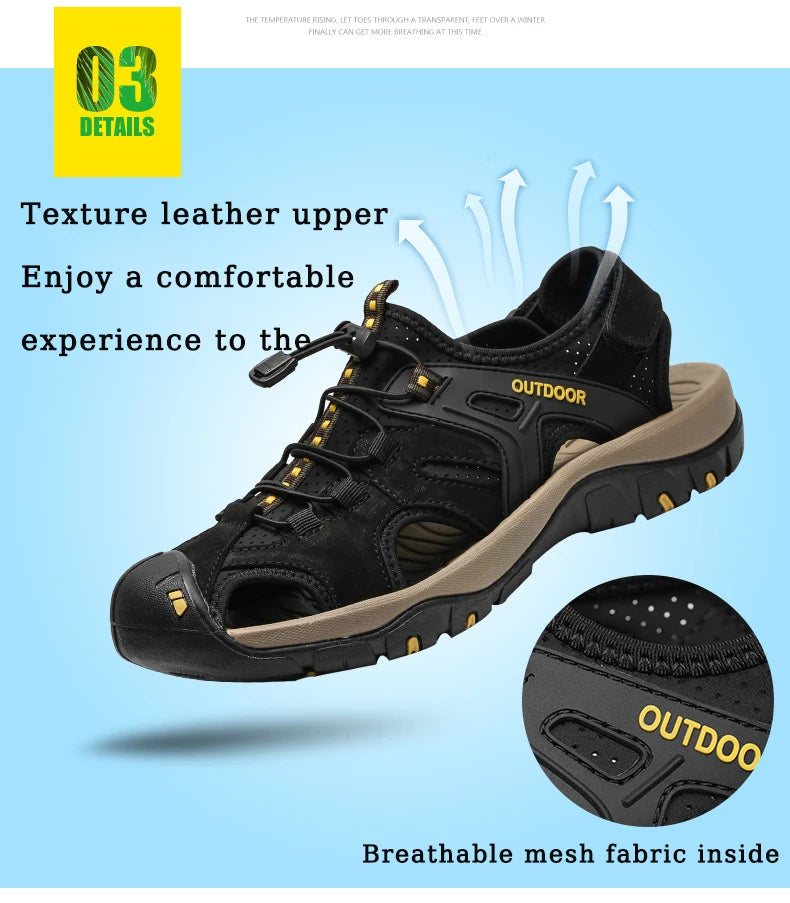 Men's Sandals Top Cowhide Upper Hollow Out Round Toe Outdoor Beach Walking Non Slip Durable Summer Beach Shoes Adjustable Buckle - Sun Studio