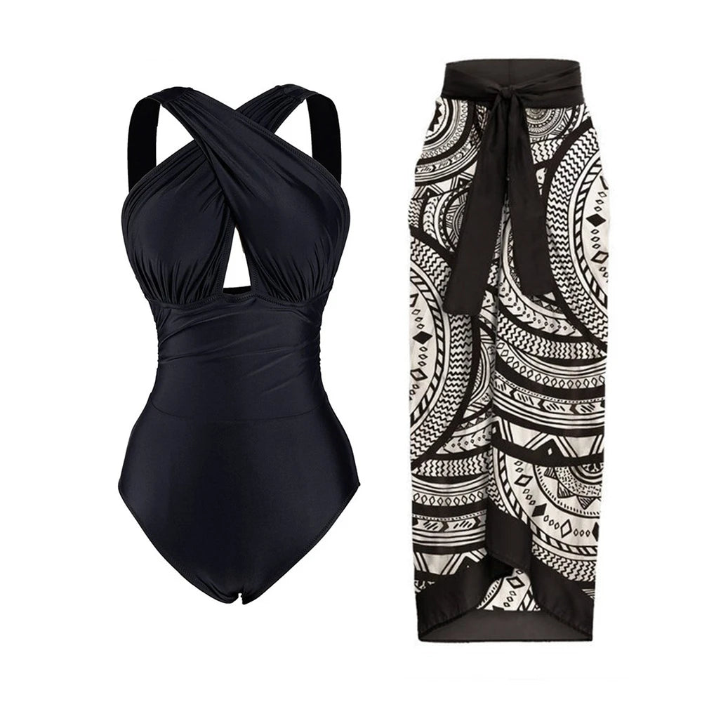 2024 Sexy Women's Swimsuit with Skirt One-Piece Swimwear Vintage Ruffle V Neck Cover Up Bikinis Set Beachwear Bathing Suit - Sun Studio
