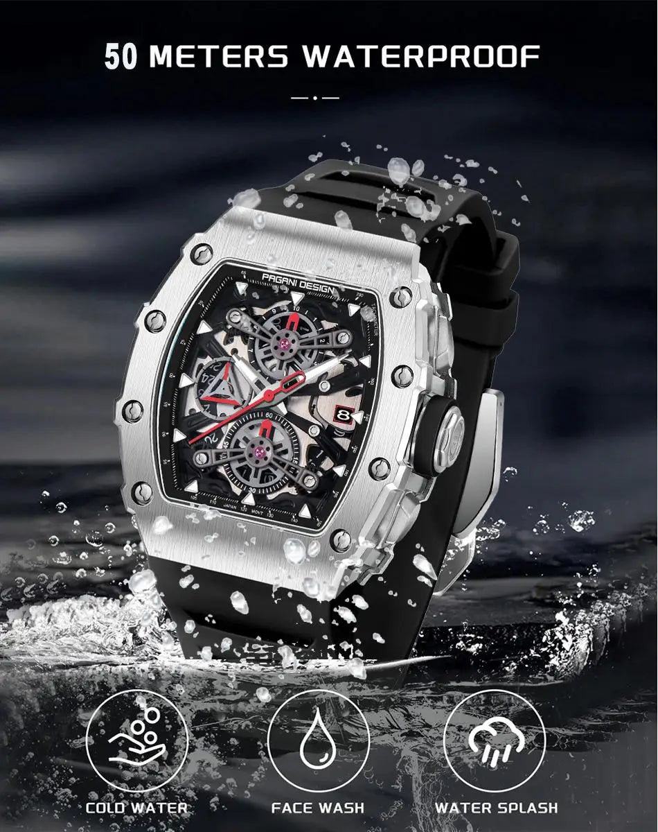 PAGANI DESING Men's Quartz Watches Skeleton Dial 100M Waterproof Sport Rectangle Sapphire glass Watch for Men - Sun Studio