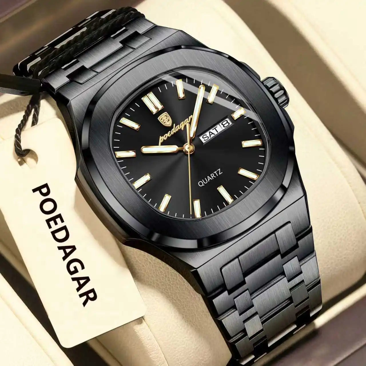 POEDAGAR Luxury Square Men's Watches Waterproof Luminous Date Week Men Watch Stainless Steel Fashion Quartz Man Wristwatch Reloj - Sun Studio