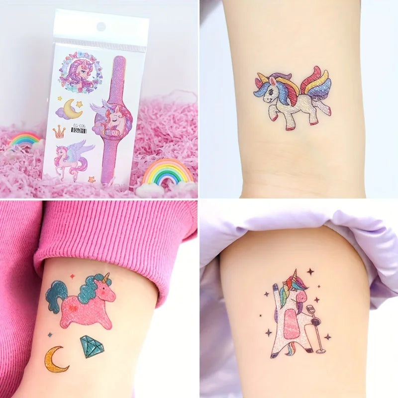 12 Sheets Glitter Mermaid Tattoo Stickers For Kids Cute Unicorn Temporary Tattoos Body Art Fake Tattoo Birthday Party Favors - Sun Studio