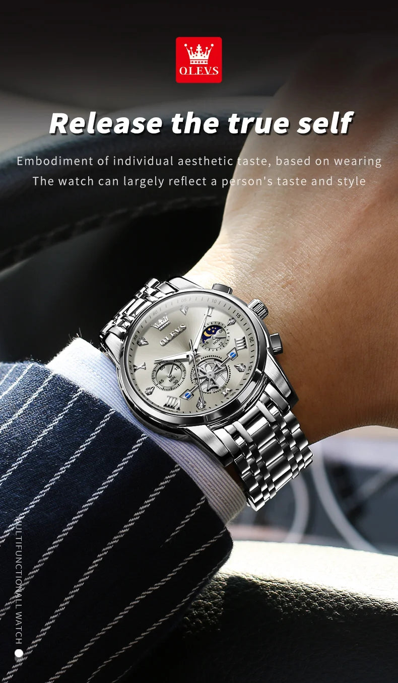OLEVS Men's Watches Classic Multifunctional Flywheel Design Stainless steel Waterproof Moon Phase Men's Wristwatches 2024 Trend - Sun Studio