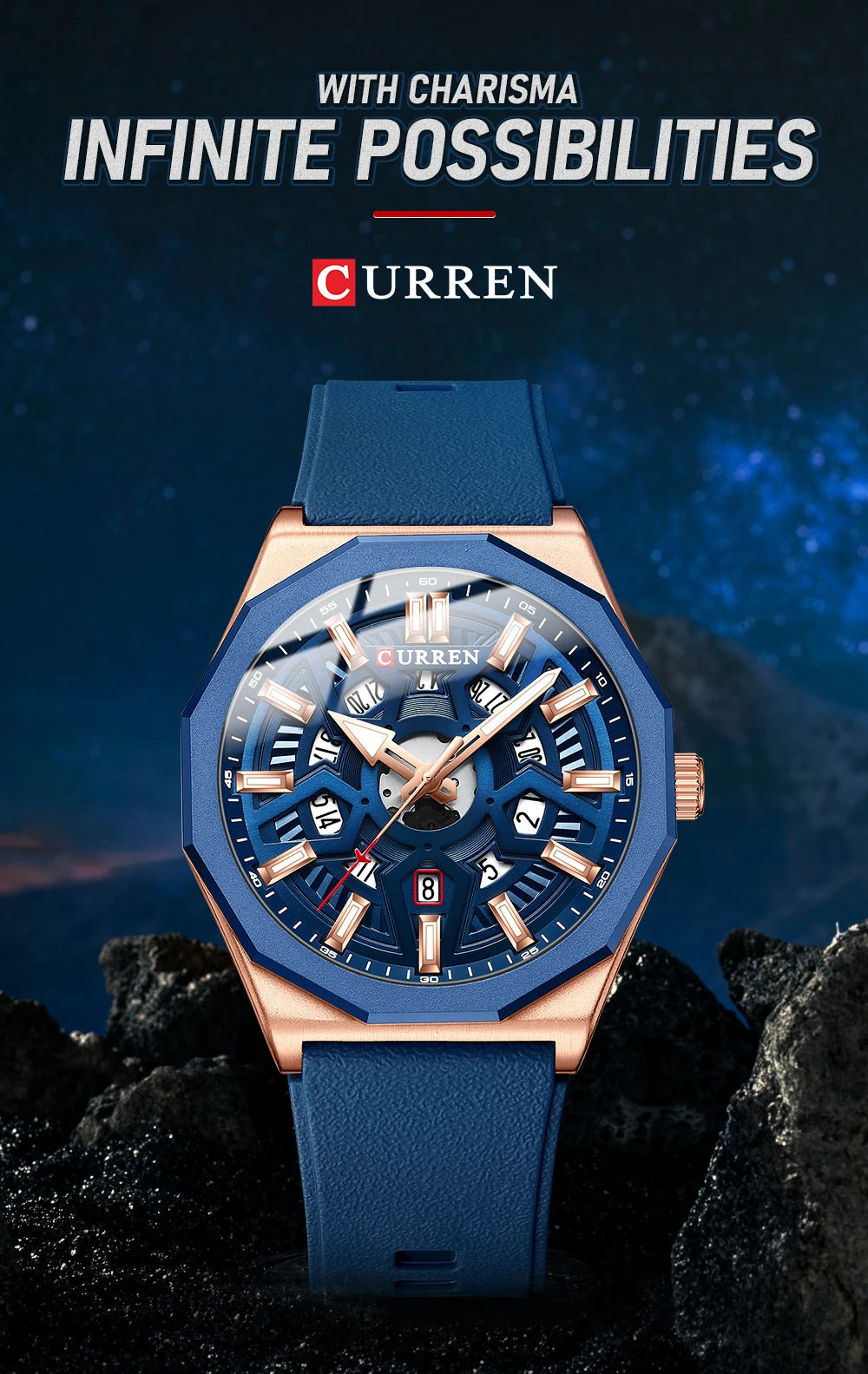 CURREN Fashion Creative Design Watches Men Quartz Silicone Strap Date Wristwatches for Male Clock with Luminous Hands - Sun Studio