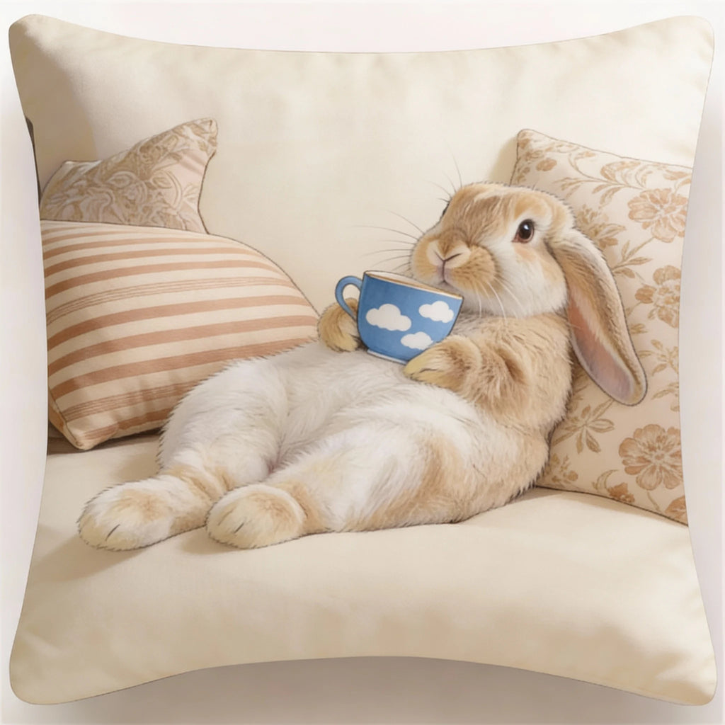 Adorable Bunny with Coffee Cup Print Pillowcase - Home Decor, Perfect for Living Room and Bedroom, Ideal Gift for Animal Lovers - Sun Studio