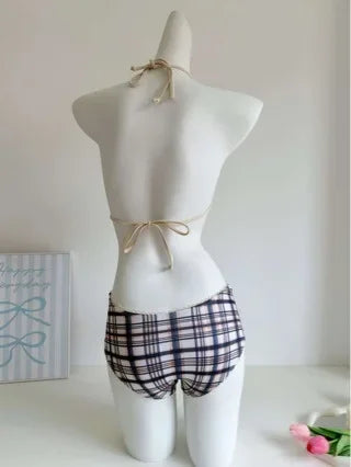 Low-Waist Plaid Bikini with Drawstring Strap Thermal Spring Swimsuit Women's Fashionable Vintage Lace Detailing By-Jane - Sun Studio