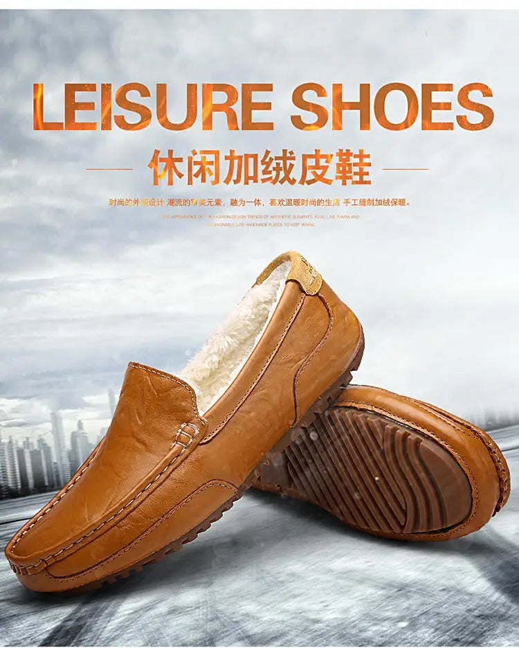 Winter Fur Loafers Men Casual Shoes Cotton Leather Dress Shoes Slip-on Flats Plush Man Moccasins Fleece Lined Driving Shoes - Sun Studio