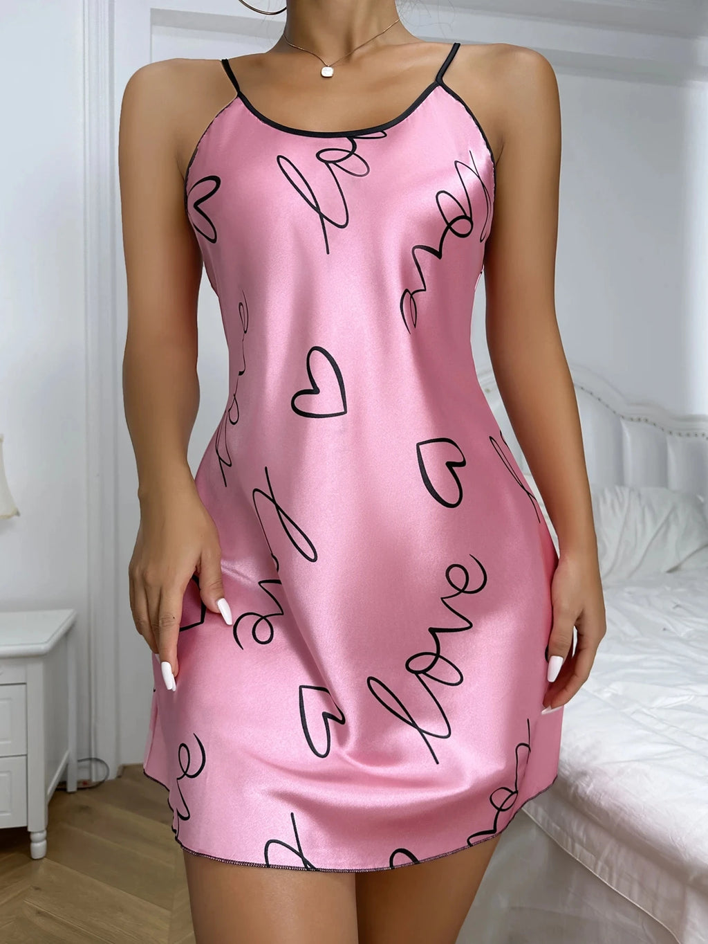 Heart Letter Print Nightdress Casual Round Neck Spaghetti Strap Sleep Dress Women's Sleepwear Dresses - Sun Studio