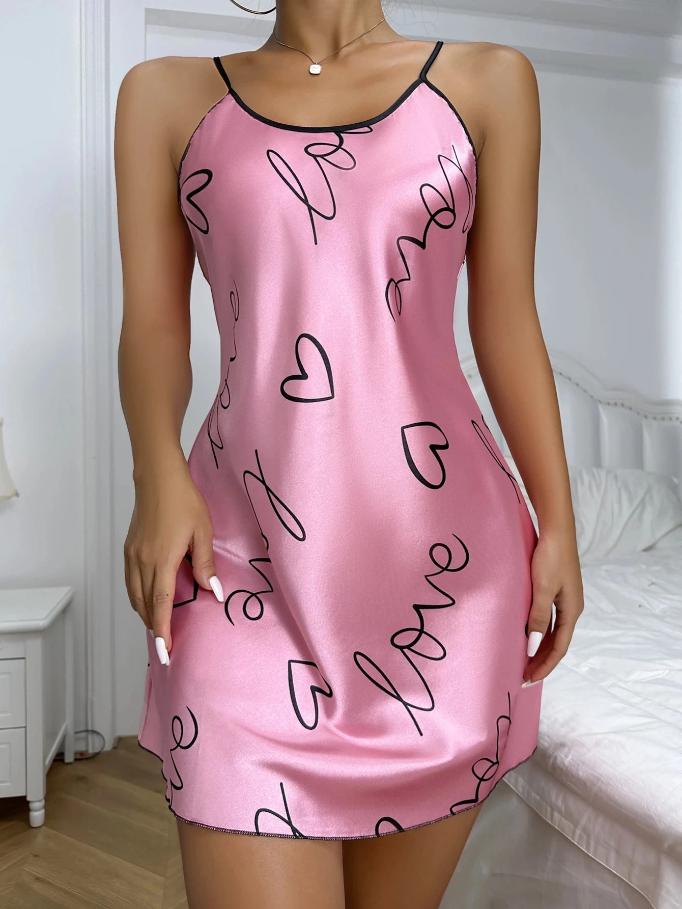 Heart Letter Print Nightdress Casual Round Neck Spaghetti Strap Sleep Dress Women's Sleepwear Dresses - Sun Studio