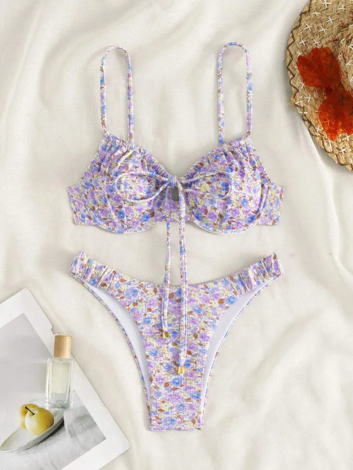 New Sexy Floral Print Push Up Bikini 2024 Women Swimwear Female Swimsuit Two Pieces Thong Bikini Set Bather Bathing Suit Beach - Sun Studio