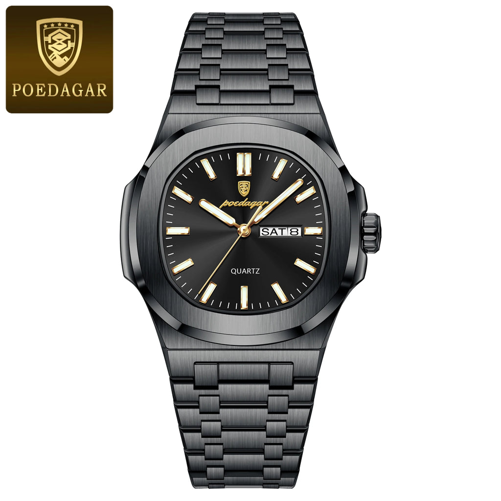 POEDAGAR Luxury Square Men's Watches Waterproof Luminous Date Week Men Watch Stainless Steel Fashion Quartz Man Wristwatch Reloj - Sun Studio