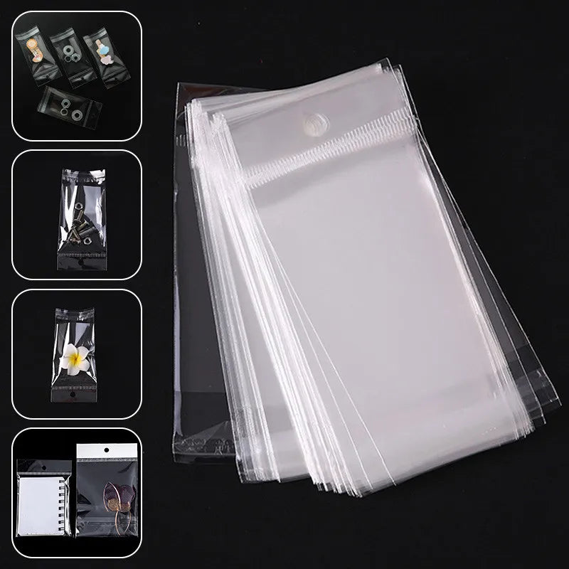 100 transparent plastic hanging self-adhesive bags, OPP self sealing bags, jewelry candy bags, gift biscuit sales bags - Sun Studio