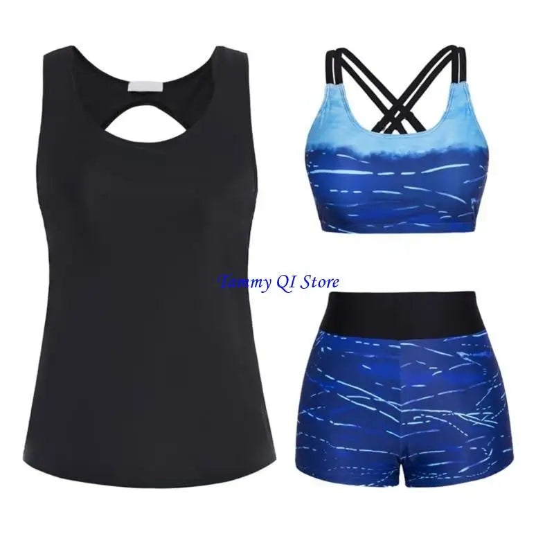 F1FD Women Flowers Print Bathing Suit 3 Pcs Split Swimwear Tankini Swimsuit Swimming Costume Set Ladies Sports Swimwear - Sun Studio