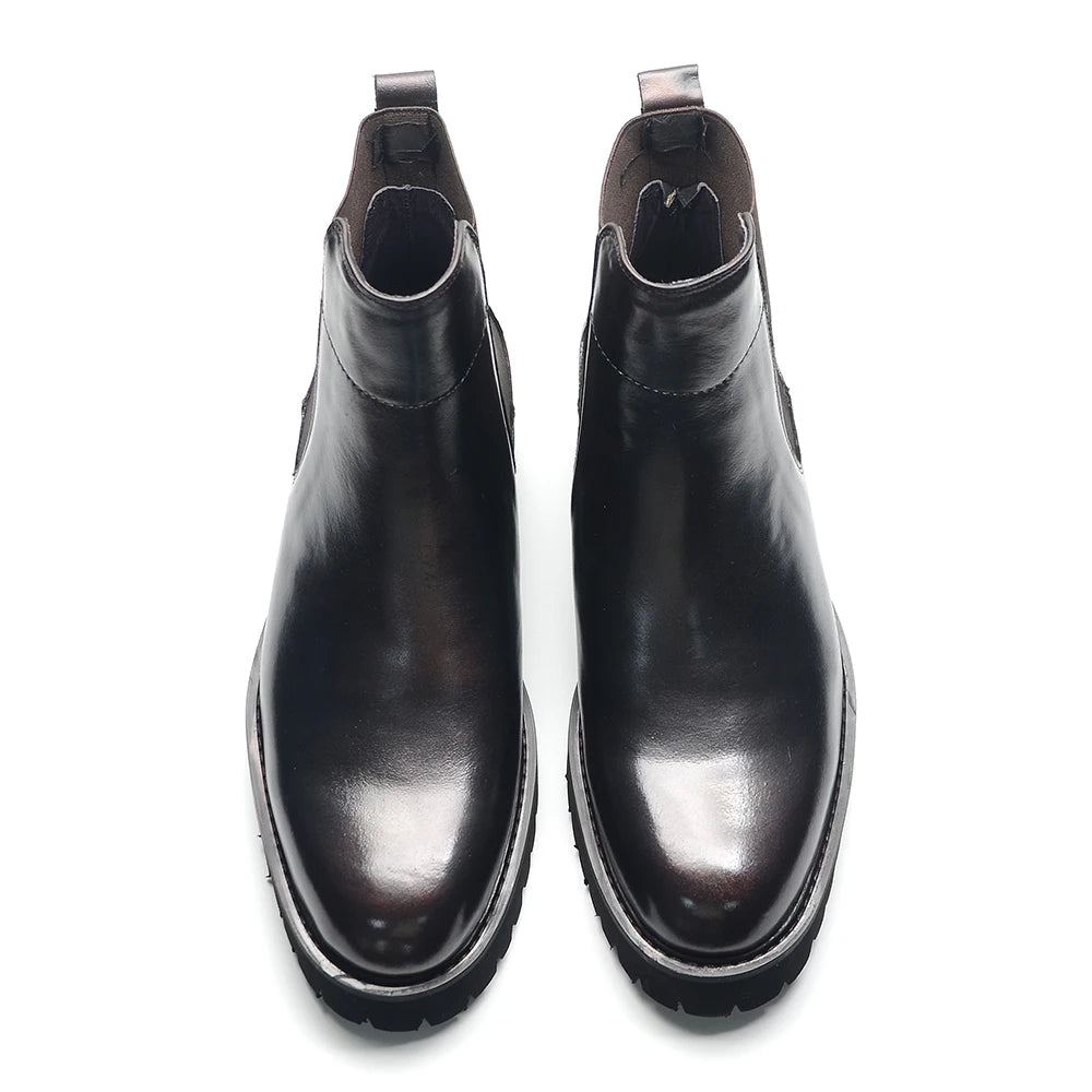British Style High Top Men's Chelsea Boots Increase Height Classic Luxury Genuine Leather Elastic Band Men Autumn Winter Shoes - Sun Studio