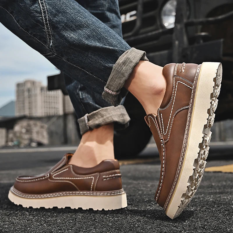 Trendy New Style Men's Genuine Leather Shoes Thick Soled Tooling Shoes Men's Oxford Shoes Lace Up Business Shoes Outdoor Loafers - Sun Studio
