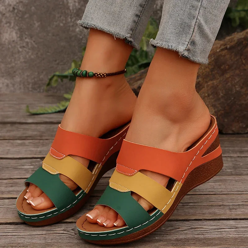 Summer Contrast Color Wedge Sandals for Women 2025 Comfortable Thick Sole Beach Slippers Woman Casual Anti Slip Outdoor Slides - Sun Studio