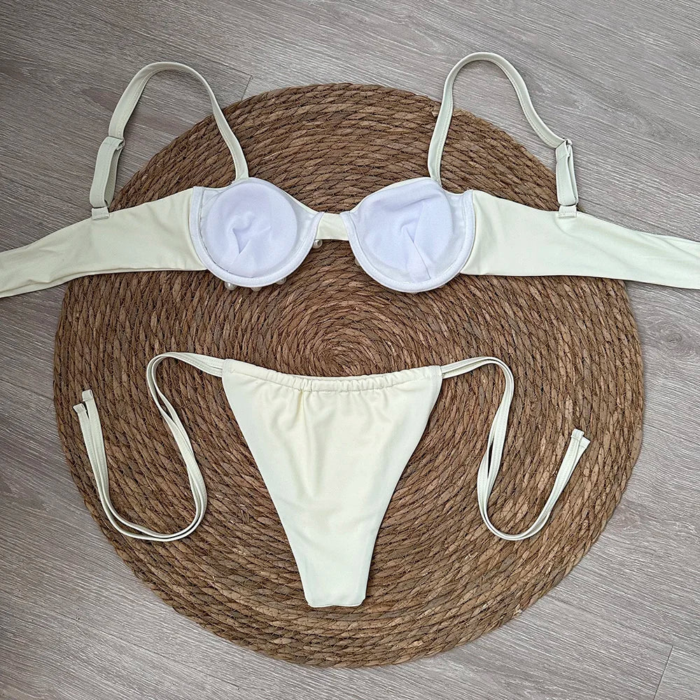 Micro Push Up Bikini 2024 Women Swimsuit Sexy Swimwear Thong Bikinis Set Brazilian Beachwear Pearl Bathing Suit Biquini Female - Sun Studio