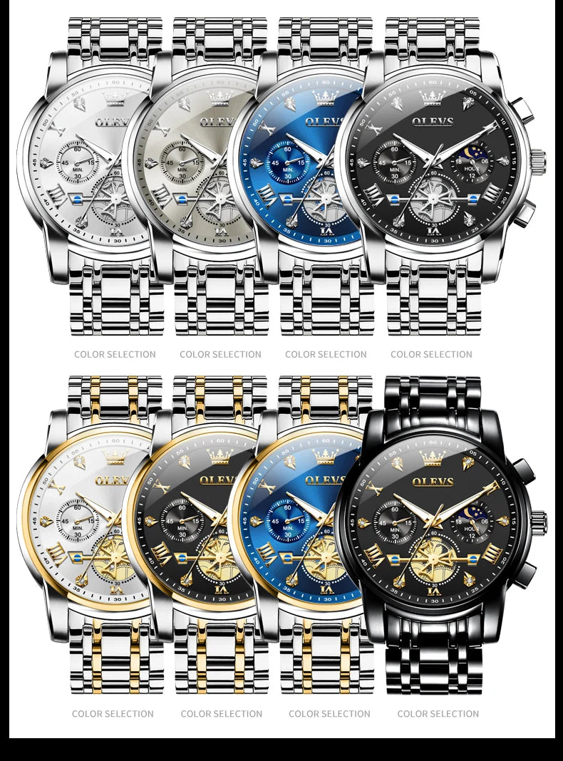 OLEVS Men's Watches Classic Multifunctional Flywheel Design Stainless steel Waterproof Moon Phase Men's Wristwatches 2024 Trend - Sun Studio