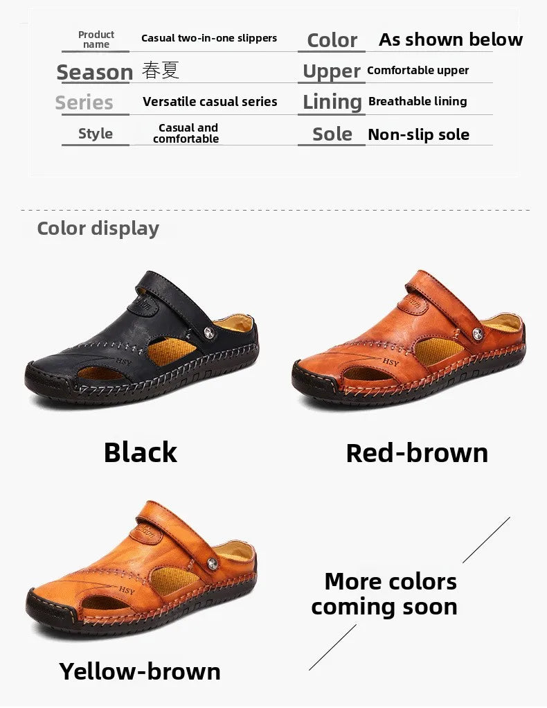 Large Size Men's Sandals Casual Leather Beach Shoes Breathable Slip-On Durable Stitched Construction Comfortable Walking Sandals - Sun Studio