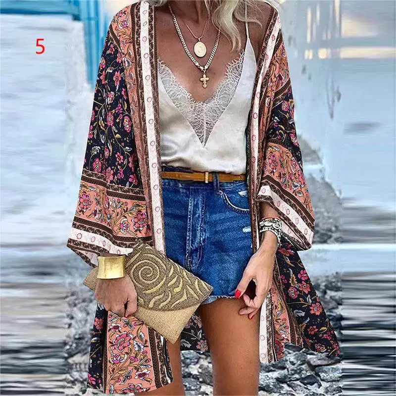 WeHello 2023 Summer Bohemian Casual Cloak Cardigan for Swimsuit woman Beach Swimwear Tops Long Sleeved Shawl Chiffon Shirt - Sun Studio