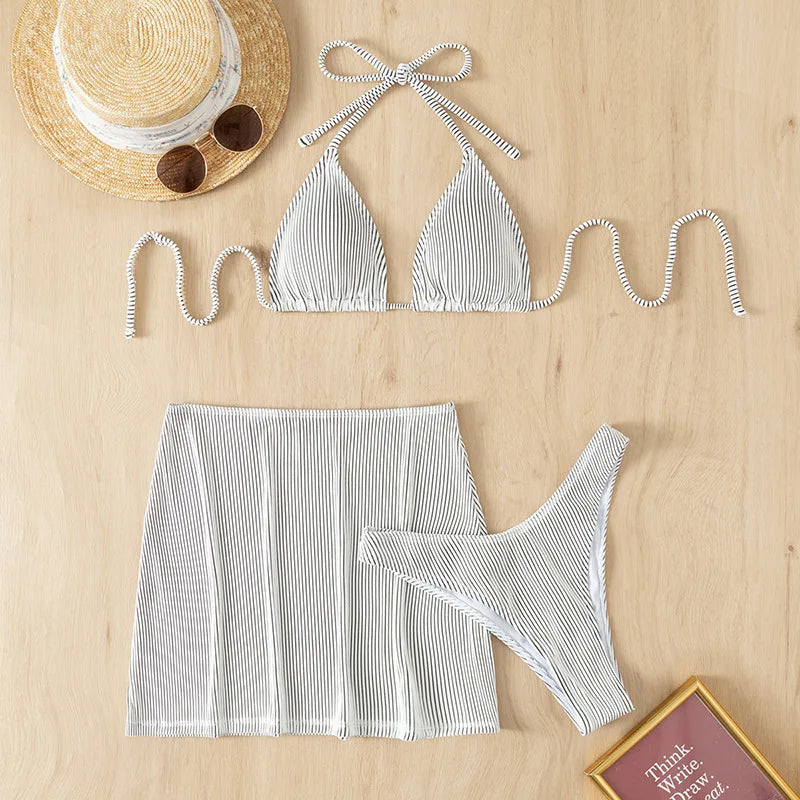 3 Pieces Ribbed Bikinis 2026 Halter Triangle Swimsuit & Skirt Swimwear Women Bathers Bathing Swimming Swim Suit Female Beachwear - Sun Studio