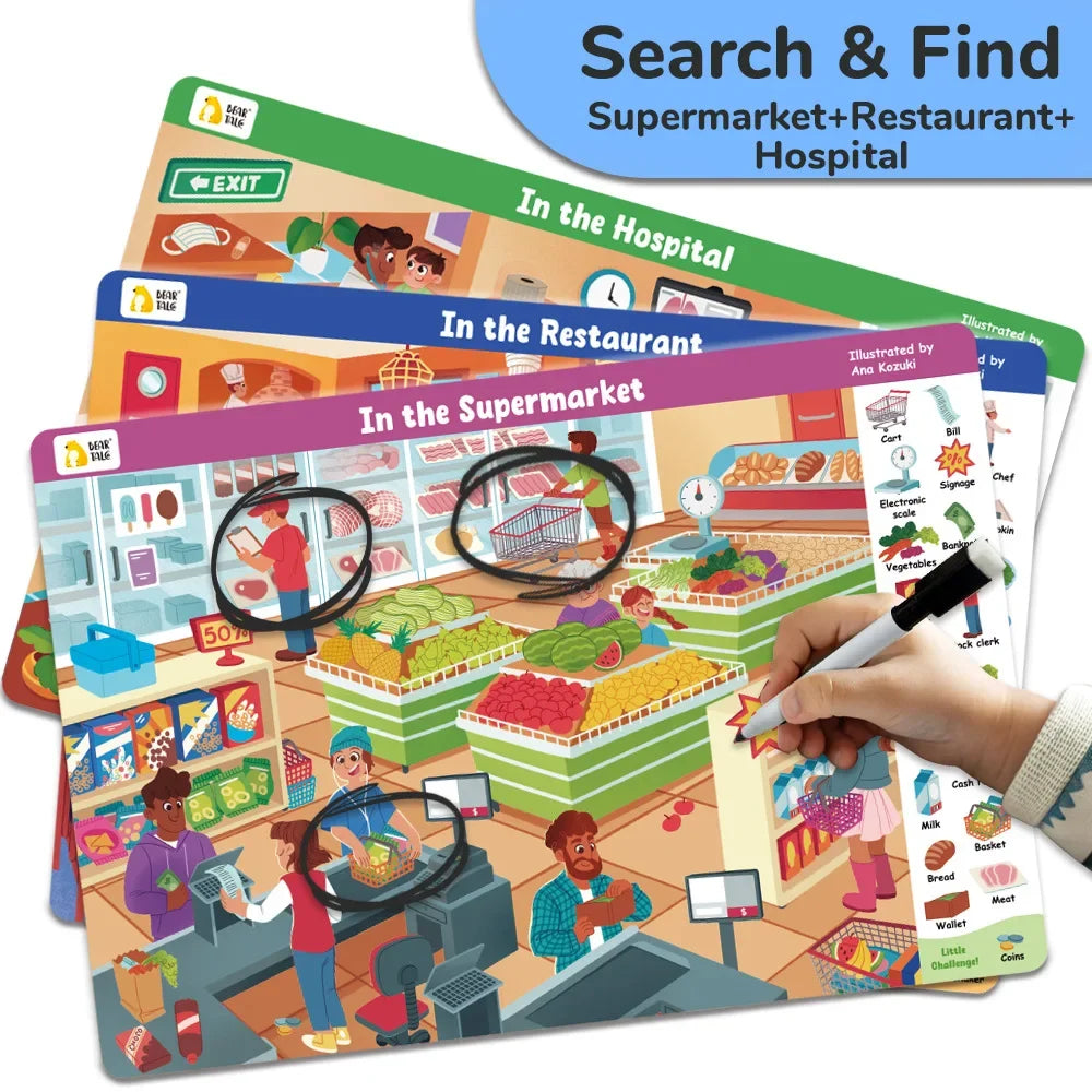 Search and Find Game Looking for Different 3 Themes Interactive Activity Painting Kit Drawing Books with Reusable Pen - Sun Studio