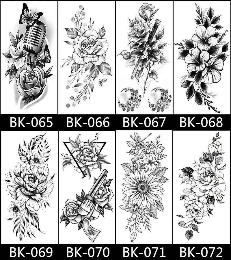 Black White Temporary Transfer Tattoos Floral Butterfly Lettering Line Art Waterproof Body Stickers for Music Festival Party - Sun Studio