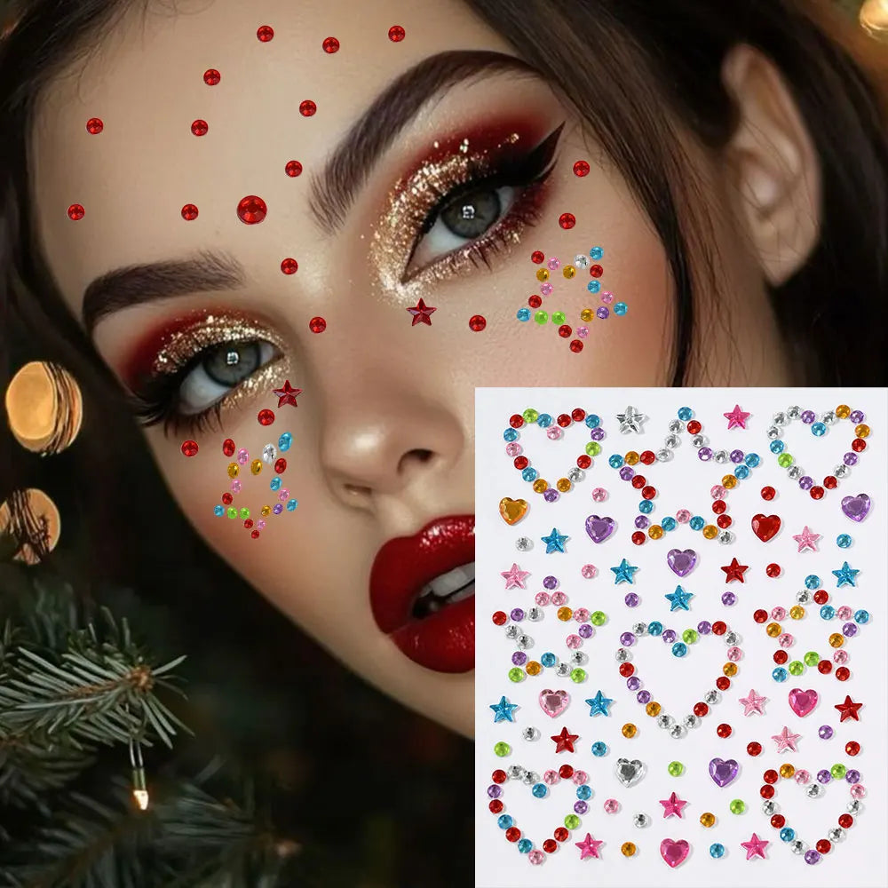 1Sheet 5D Mixed Shell Aurora Rhinestone Girl Face Stickers Hollow Star/Moon/Heart Self-Adhesive Cute Girl Make Up Diamond Decal - Sun Studio