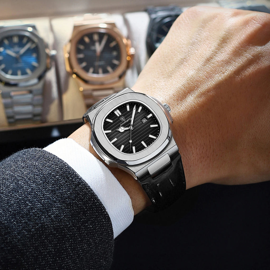 POEDAGAR Original Fashion Men's Wristwatch Date Waterproof Luminous Leather Watches For Men High Quality Square Quartz Man Watch - Sun Studio