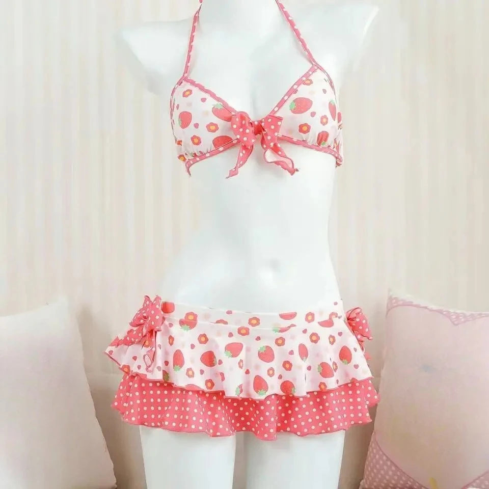 2026 Y2K Summer Sweet  White Dot Sets Lovely Cherry Decor Sexy Lace Trim Style Casual Bikini Swimsuit Beach Holiday Wear - Sun Studio