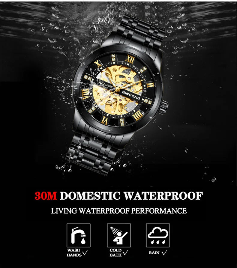 Bindond Mens Automatic Mechanical Watches Top Brand Luxury Stainless Steel Waterproof Hollow Male Wristwatches Relogio Masculino - Sun Studio